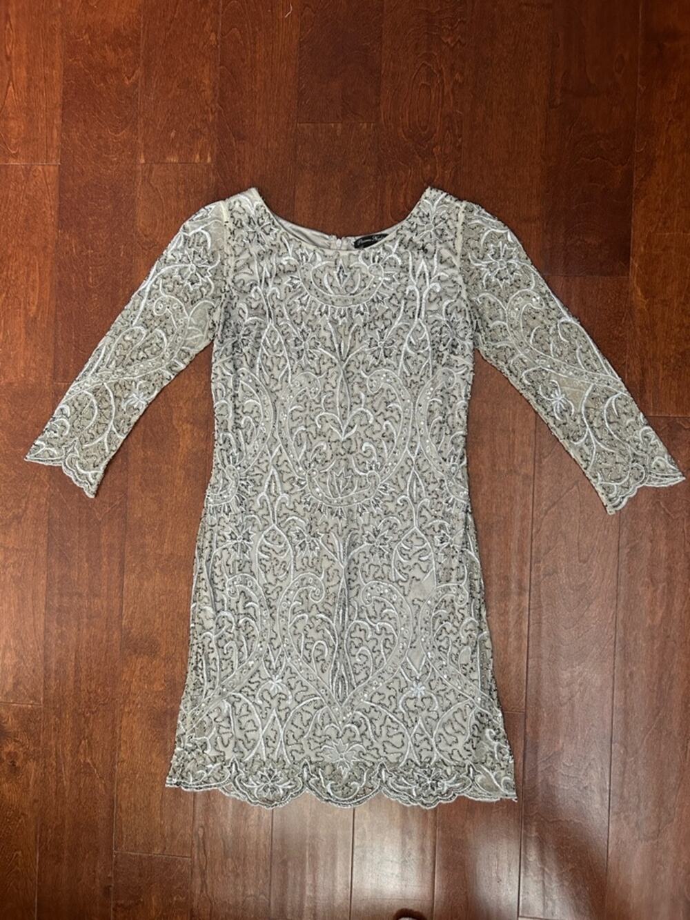 Vintage Pisarro Nights Beaded Silver Mesh 3/4 Sleeve Cocktail Dress, Size 2P